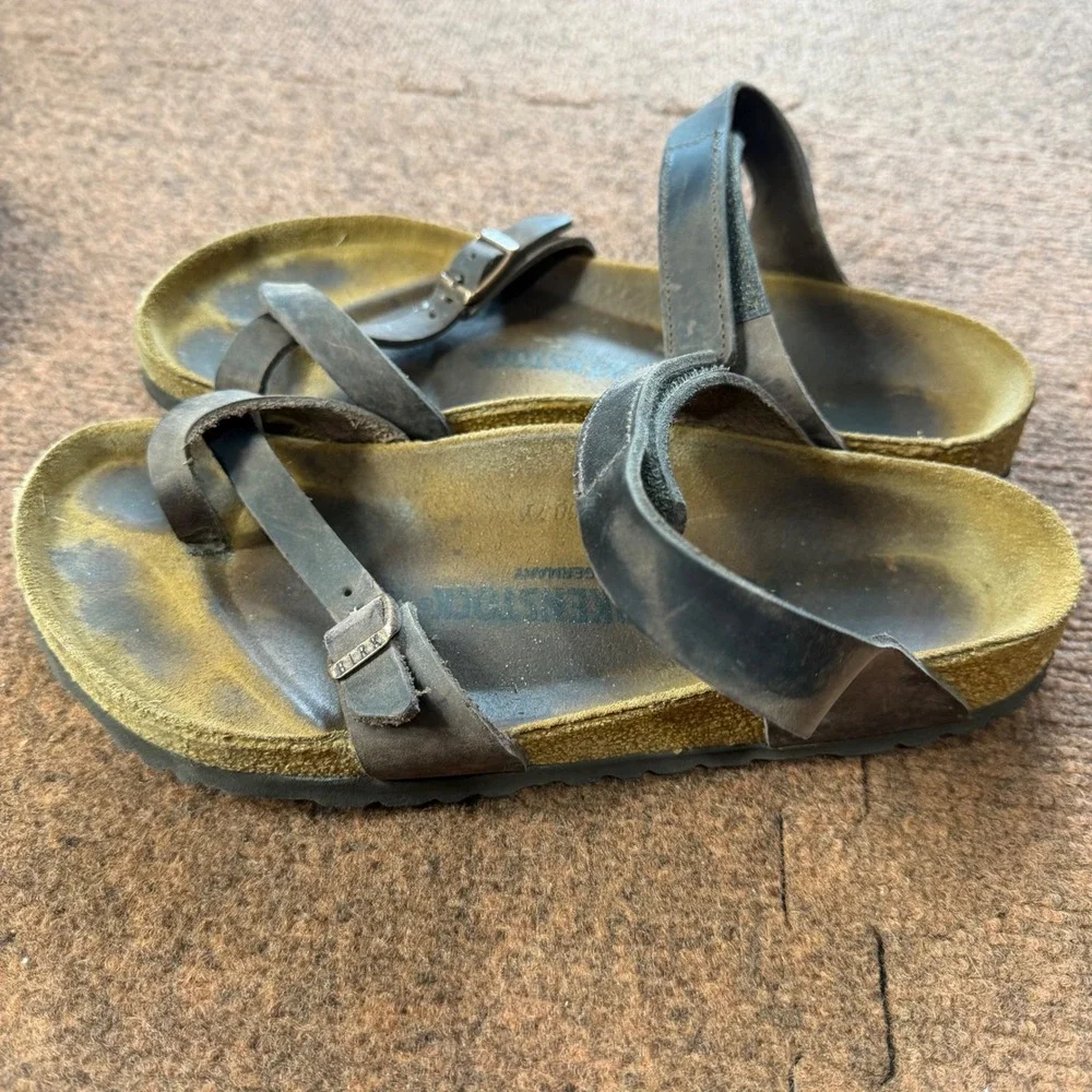 B+ Birkenstock Yara Oiled Leather Sandals Tobacco Brown Ankle Strap Womens 38 L7